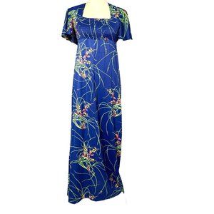 70s Young Hawaii Dark Blue Floral Empire Waist Flutter Sleeve Maxi Dress Size S